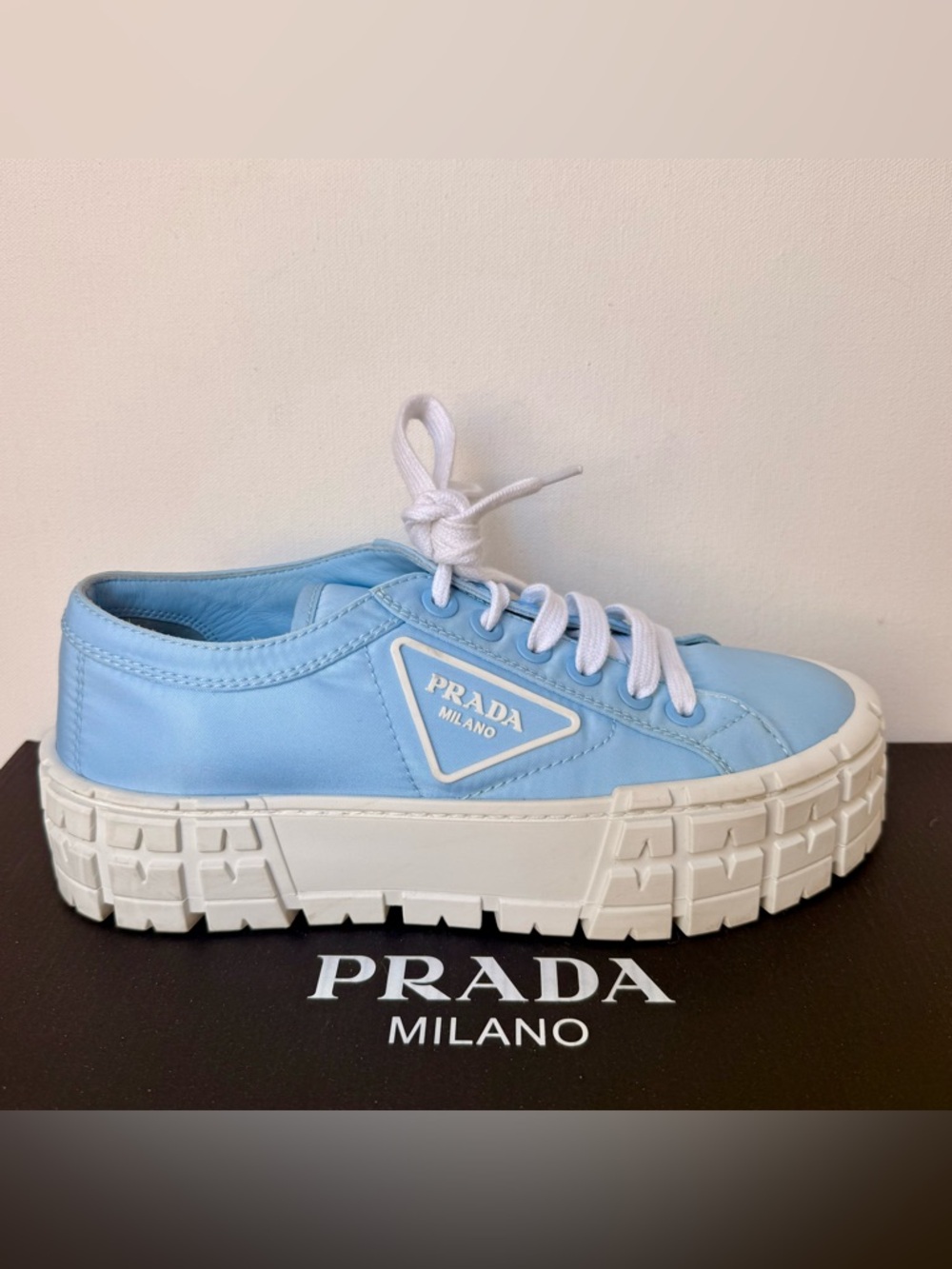 Authentic Prada Double Wheel Re-Nylon Platform Sneakers - Astro Blue - Size 37.5